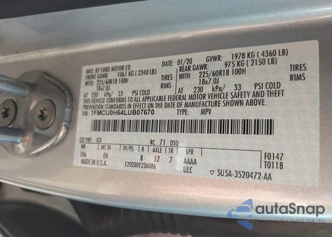 2020 Ford Escape Sel из США, поврежденный, VIN 1FMCU0H64LUB07670